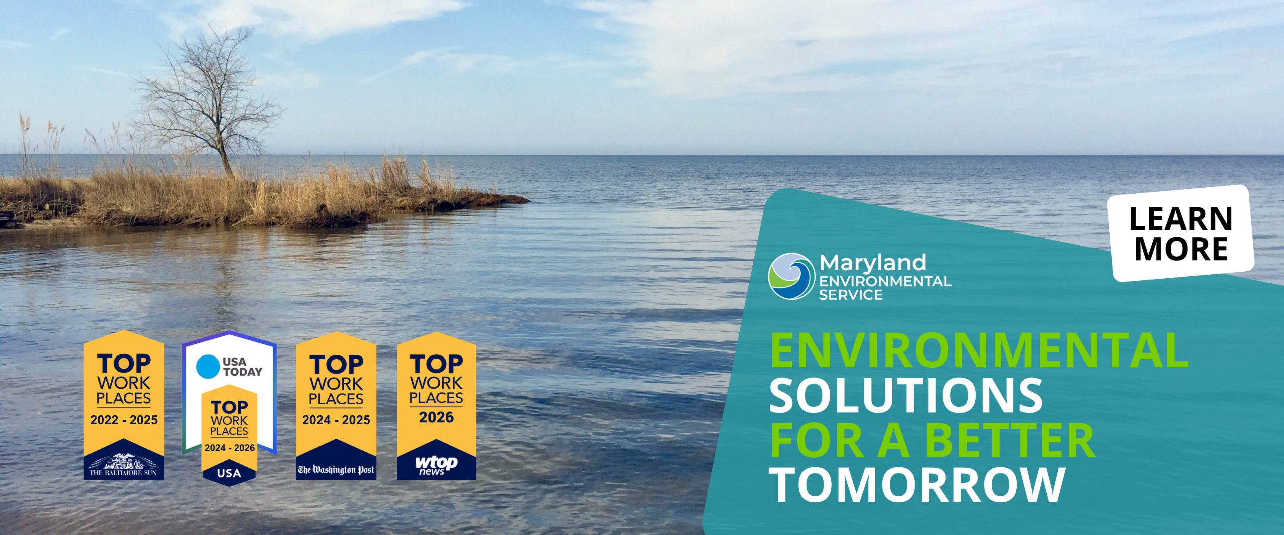 Image of the Chesapeake Bay with Top Workplaces ribbons, MES logo, and motto.